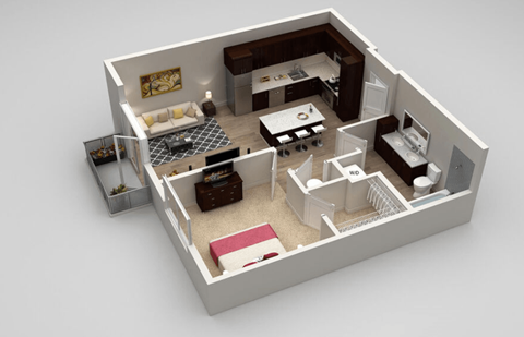 Floor plan for 1 bed, 1 bath, 697 sqft